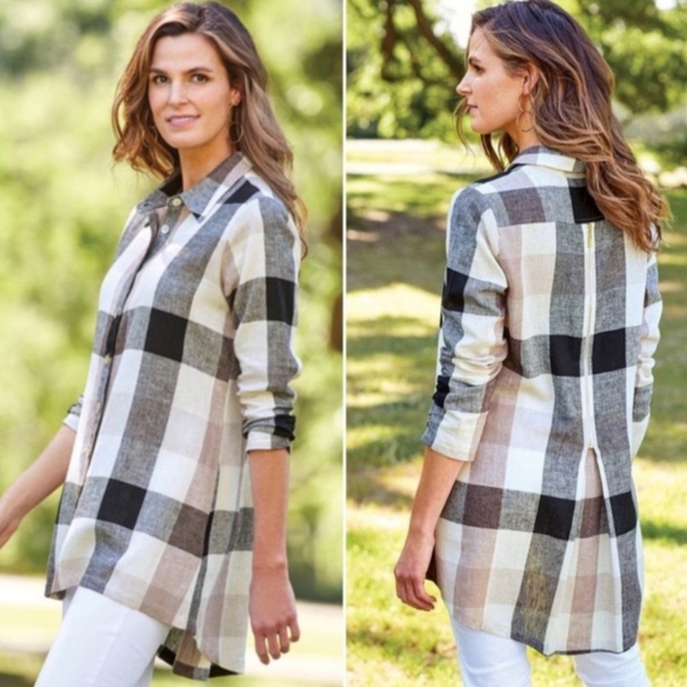Soft Surroundings Carreaux Plaid High Low Zip Back Shirt Tunic Top Linen Blend M